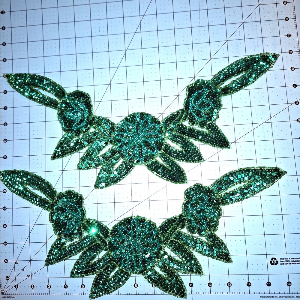 Green sequin and bead flower neckline applique set of 2